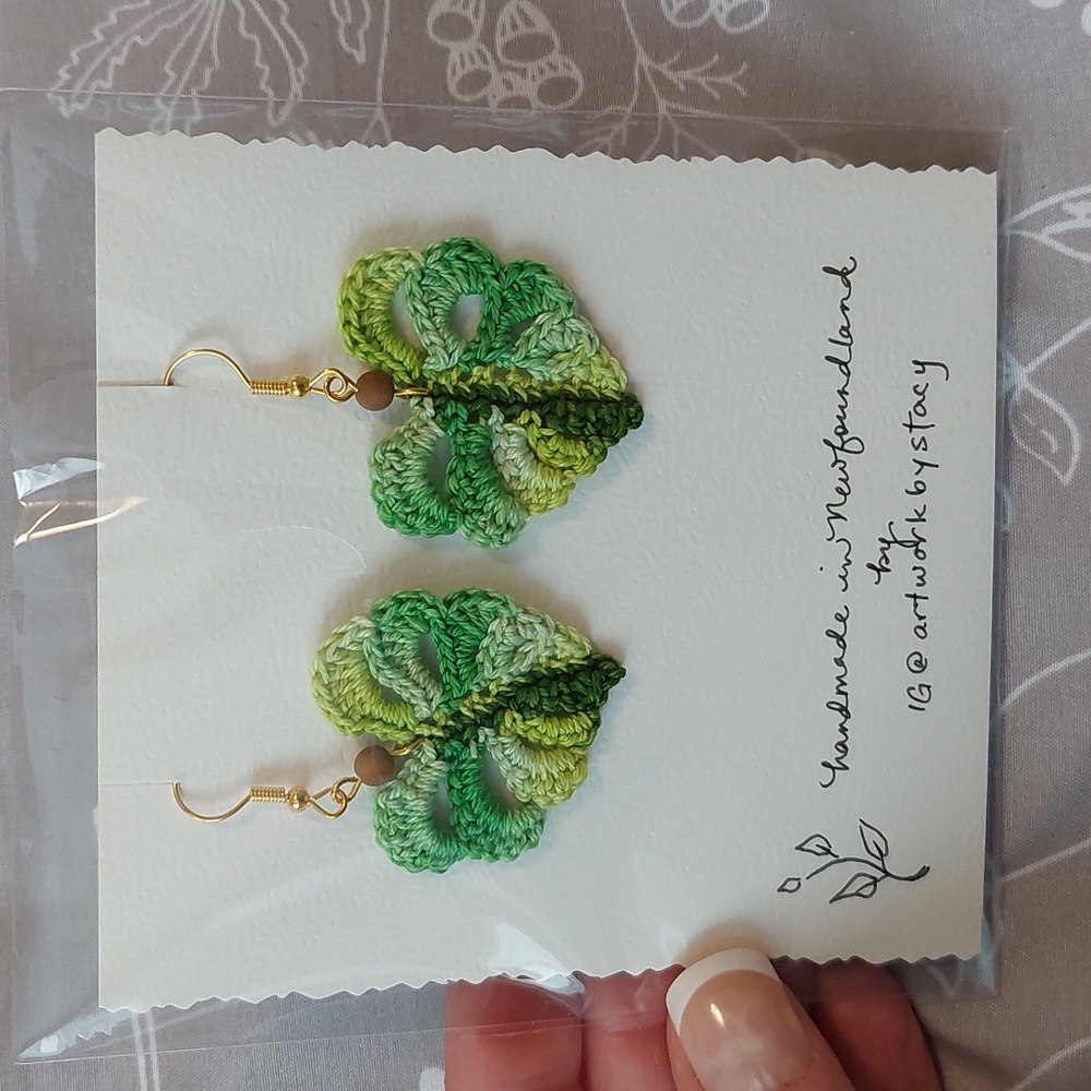 Crochet Earrings Monstera Leaf Green Lightweight Hypoallergenic